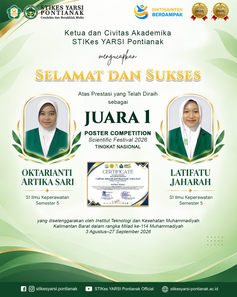 Dua Mahasiswa S1 Ilmu Keperawatan STIKes YARSI Pontianak Raih Juara 1 Kompetisi Poster Tingkat Nasional Tahun 2026